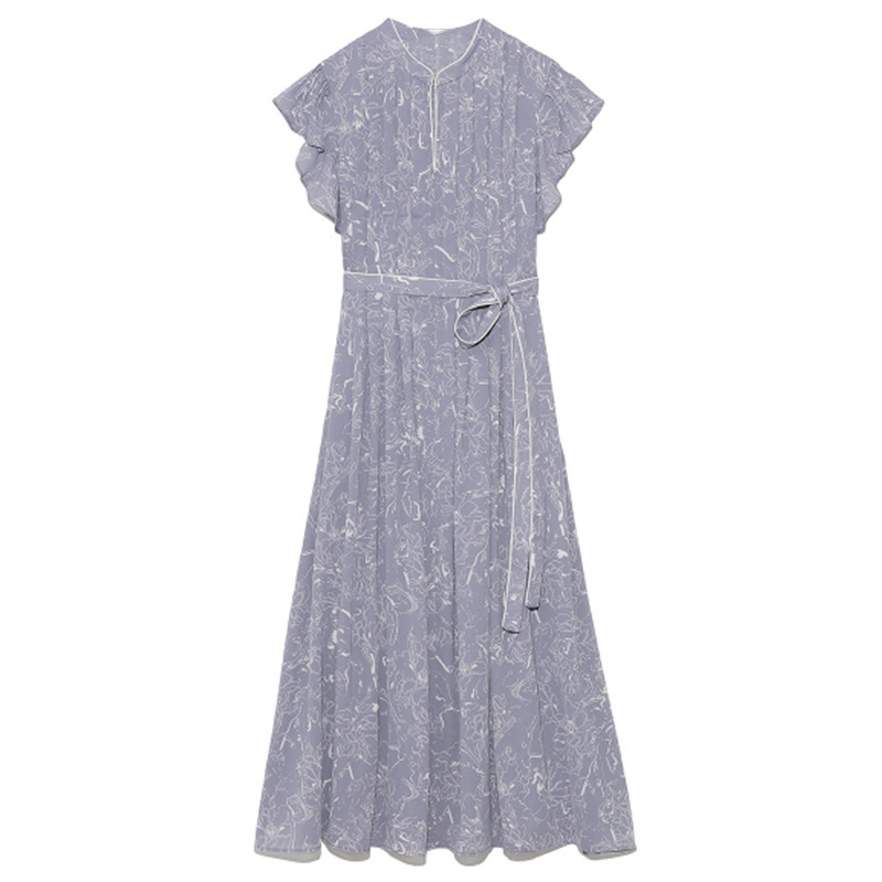 Summer Pleated Drawstring High Waist Dresses Elegant Stand Collar Flying Sleeve Woman Dress Chic Print Slim Vestidos 210524