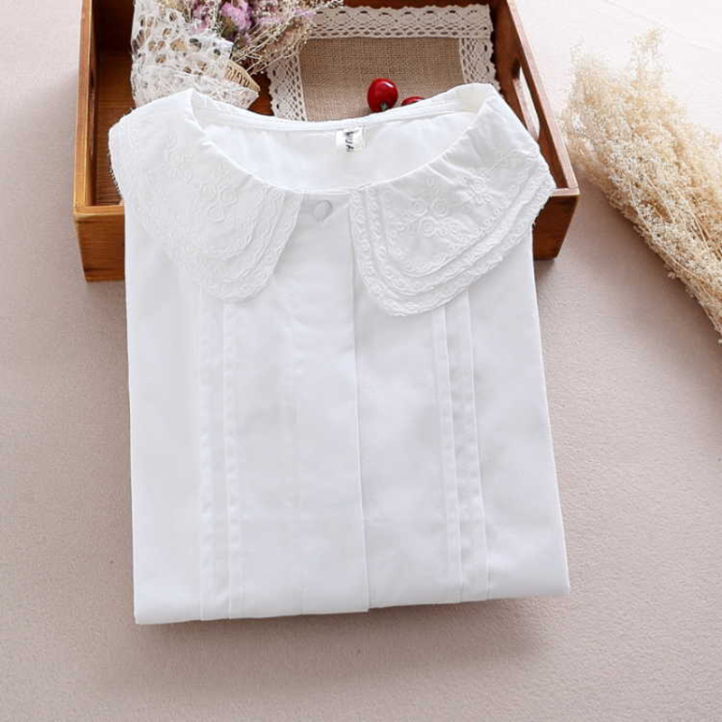 Spring Korea Fashion Women Long Sleeve Embroidery Peter Pan Collar Casual Shirts 100% cotton Mori Girl White Blouse S578 210512