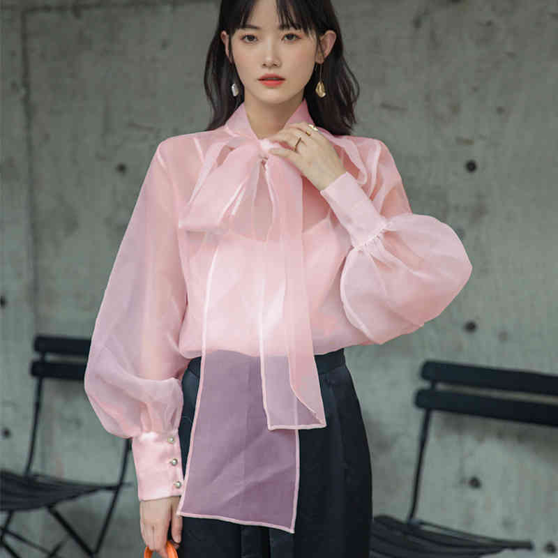 White Perspective Blouse For Women Bow Collar Long Sleeve Casual Shirts Female Fashionable Clothing Spring 210524