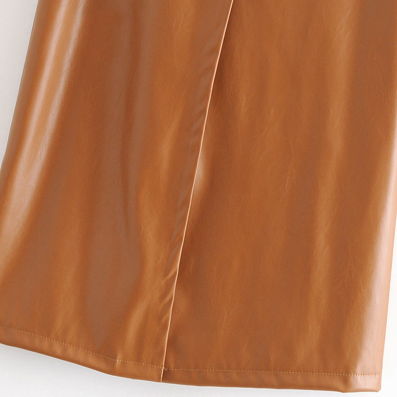Elegant Solid Faux Leather Skirt Bow Tie Office Wear Long Women Brown And Black Color A Line s Mujer Faldas 210515