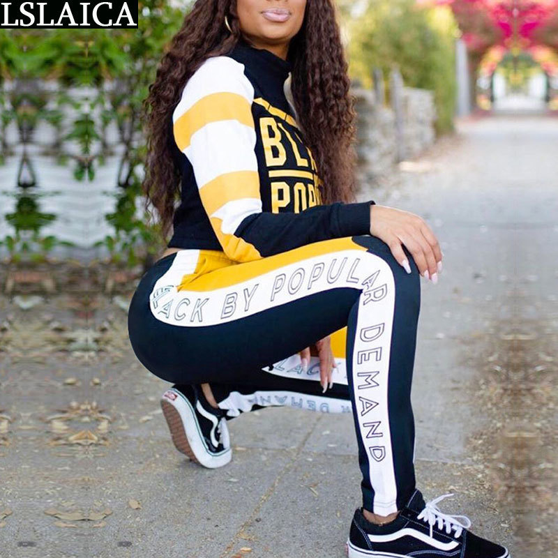Tracksuit Women Letter Print Top Crop 2 Pc Set For Autumn Pencil Pants Sportswear Clothes Conjuntos De Mujer 210515