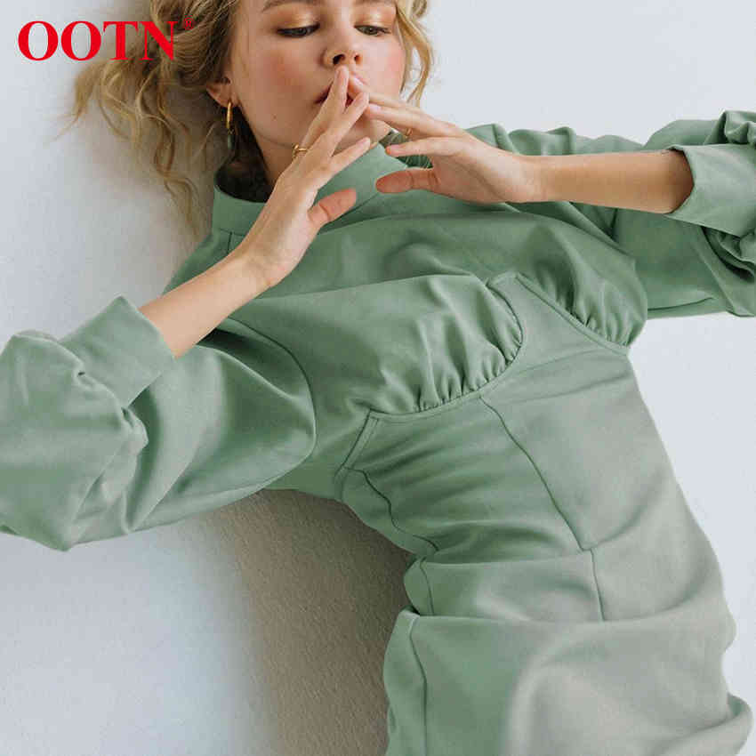 OOTN Turtleneck Winter Women Dress Elegant Autumn Midi Dress Long Sleeve Green High Waist Solid Casual Ladies Dresses Tunic 210409