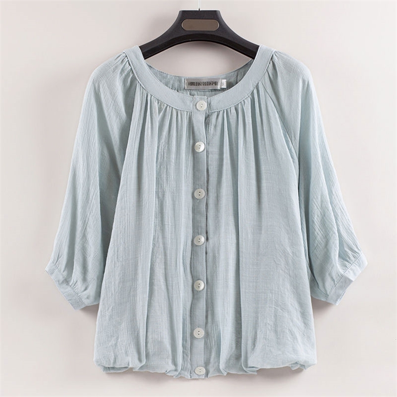 Summer Women Tshirt Plus Size Lantern Sleeve O-neck Loose Casual T-shirt Solid Cotton Linen cardigan Tee Shirt Femme Tops D124 210512