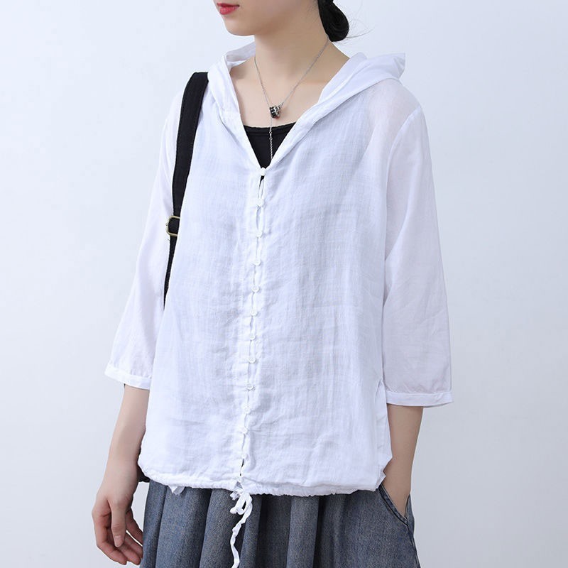 Summer Arts Style Women 3/4 Sleeve Thin Loose Short Jackets Coats All-matched Casual Hooded Linen Coat M254 210512