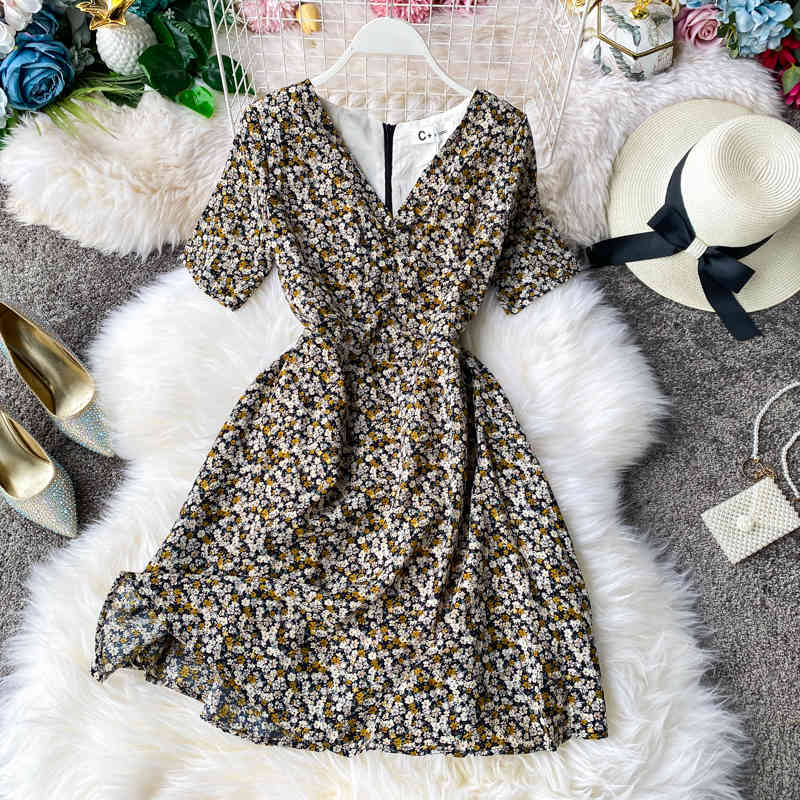 Women Summer Vintage V Neck Short Sleeve Floral Dress Slim High Waist Floral Print Chiffon Short Dress Vestidos 210521