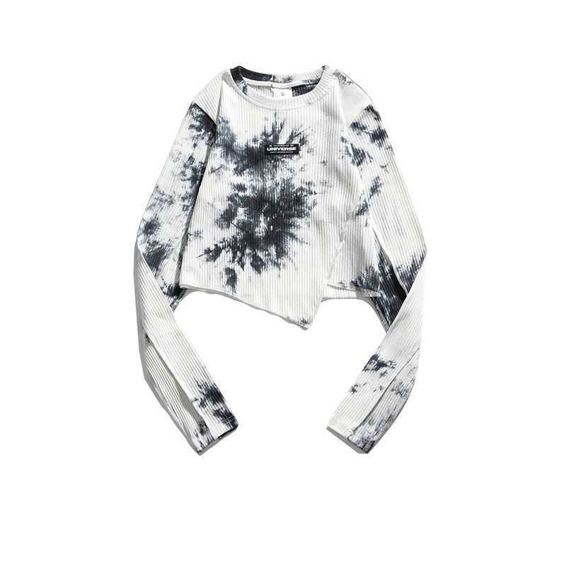 Yedinas Spring Tie Dye Long Sleeve T-shirt Irregular Chic Slim Crop Top Women High Street Fashion T Shirt Korean Streetwear Tops 210527