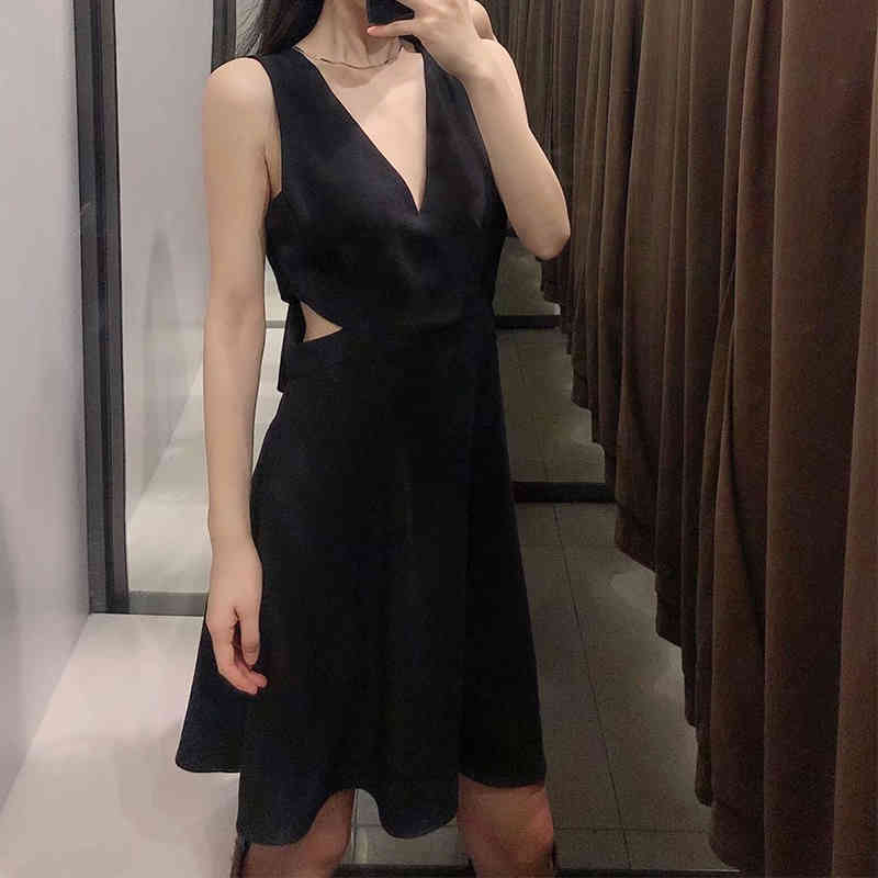 YENKYE Sexy Side Opening Waist Dress Women V Neck Sleeveless A-line Mini Vintage Black Dress Female Summer Tank Vestido 210515