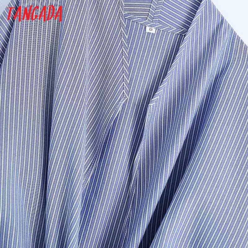 Women Blue Striped Tie Bow Shirt Vintage V Neck Long Sleeve Female Shirts Blusas Chic Tops BE500 210416