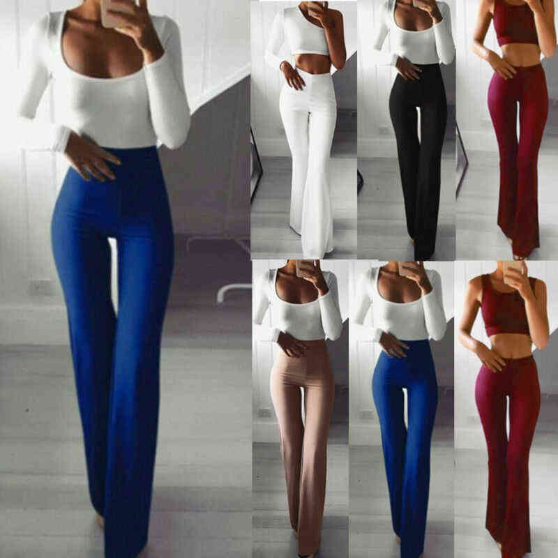 Womens Solid High Waist Flare Wide Leg Lady Trousers Bell Bottom Yoga Pants H1221