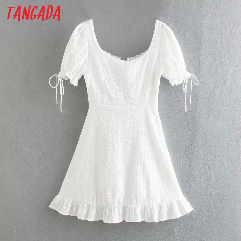 Summer Women White Lace Off Shoulder Square Neck Short Sleeve Ladies Mini Dress 3D40 210416