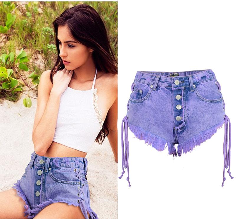 Summer Macaron Purple Women Denim Shorts With High Waist Torn Fashion Sexy Holes Plus Size XXL SURETIMES Women's
