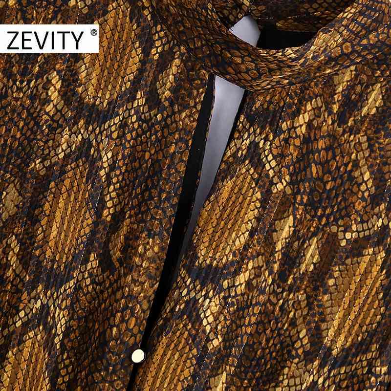 Zevity New Women Sexy Stand Collar Snake Skin Print Hem Ruffles Pleated Mini Dress Female Front Hole Long Sleeve Vestido DS4625 210409