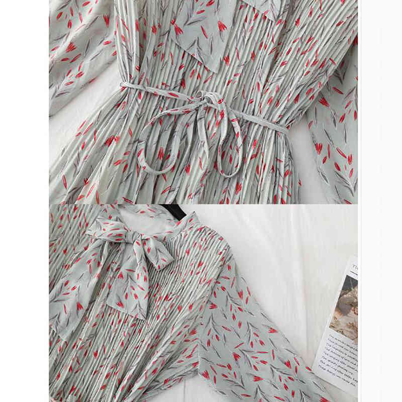 Elegant Women Floral Print Midi Dress Female Casual Long Sleeve Pleated Chiffon Dresses Vintage Bow Ruffle A-line Dress Vestido 210521
