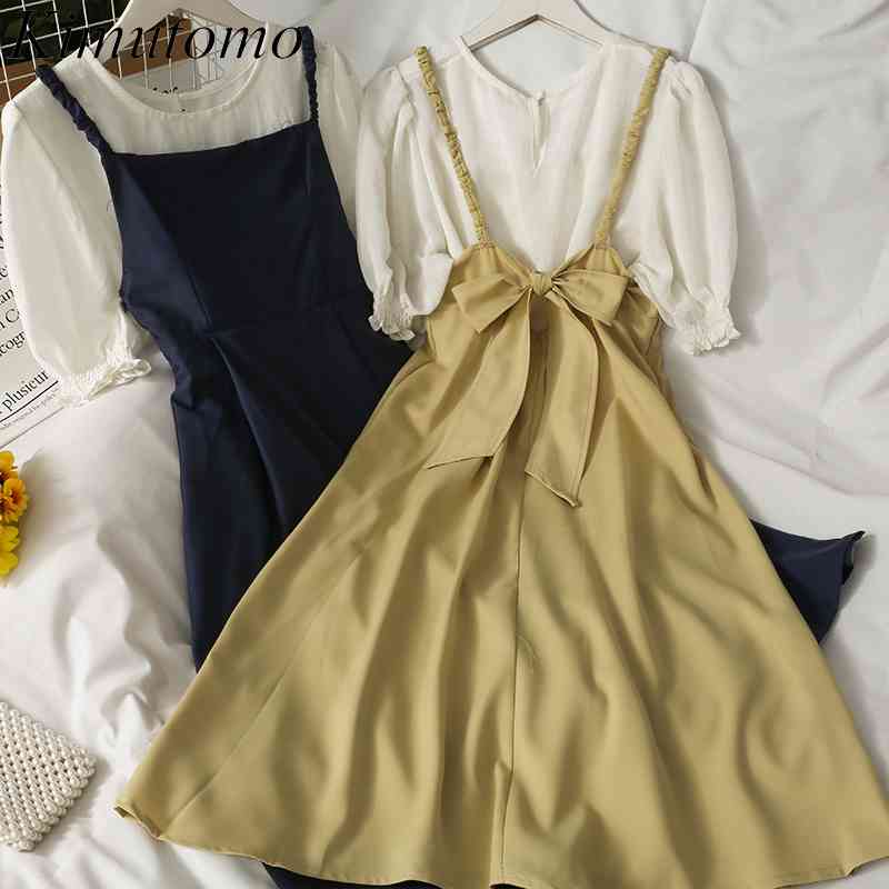 Kimutomo Set Women Summer Round Neck Puff Sleeves Thin Shirt High Waist Solid Color Sling Dress Two Piece Suit Female 210521, Dark blue
Kimutomo Set Women Summer Round Neck Puff Sleeves Thin Shirt High Waist Solid Color Sling Dress Two Piece Suit Female 210521, Dark blue
