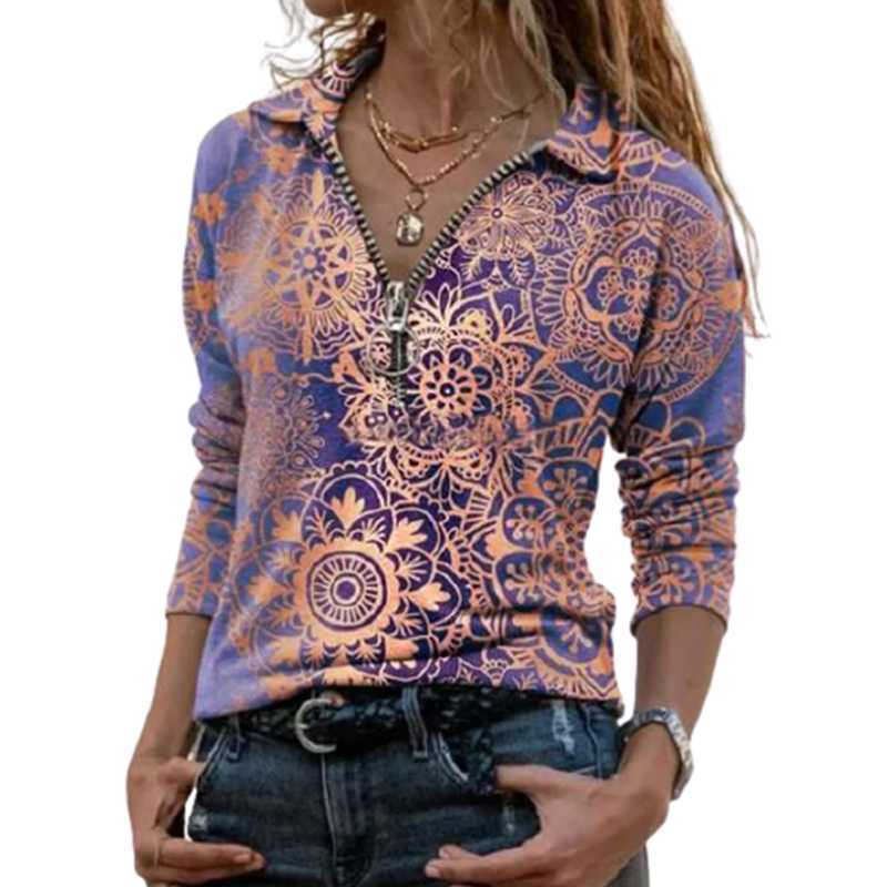 Women Polo T-shirt Retro Print Half Zip V-Neck Long Sleeve Oversize Tops And Tees Autumn Casual Slim Lady Street Green Blue Tees 210819