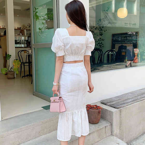 Women 2 Piece Outfits Summer Office OL Lace Embroidery Puff Sleeve Short Tops + High Waist Bodycon Mermaid Skirt 2 Set 210519