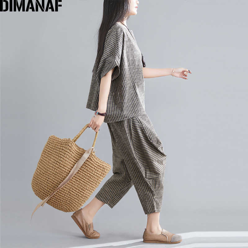 DIMANAF Plus Size Women Two Piece Set Suit Casual Vintage Lady Tops Shirts Batwing Sleeve Loose Pants Cotton Striped Summer 210707