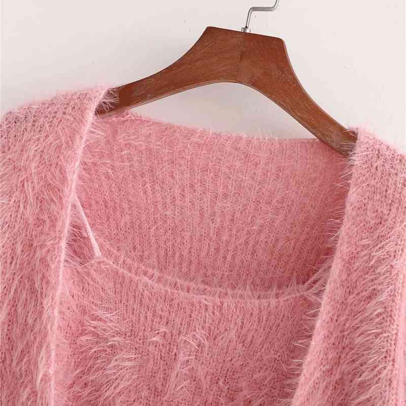Sweet Women Causal Soft Loose Sweaters Fashion Ladies Pink Knitted Tops Elegant Female Chic Solid Two Piece Suit 210430