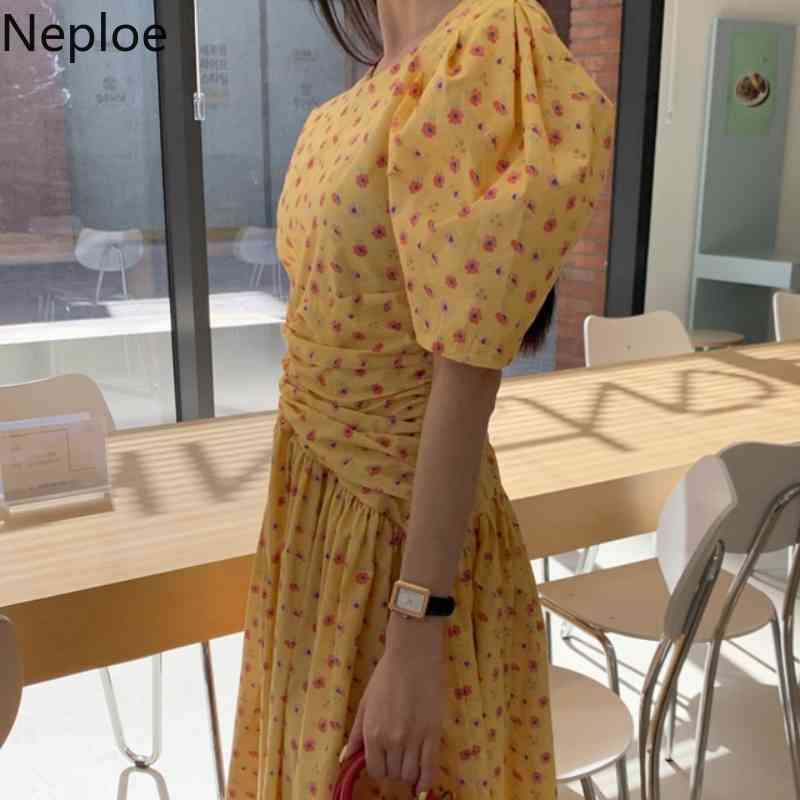 Neploe Women Dress Summer Korean Chic Robe Sweet O Neck Floral Ruffles Slim Vestidos Pleated Temperament Vintage Dresses 210422