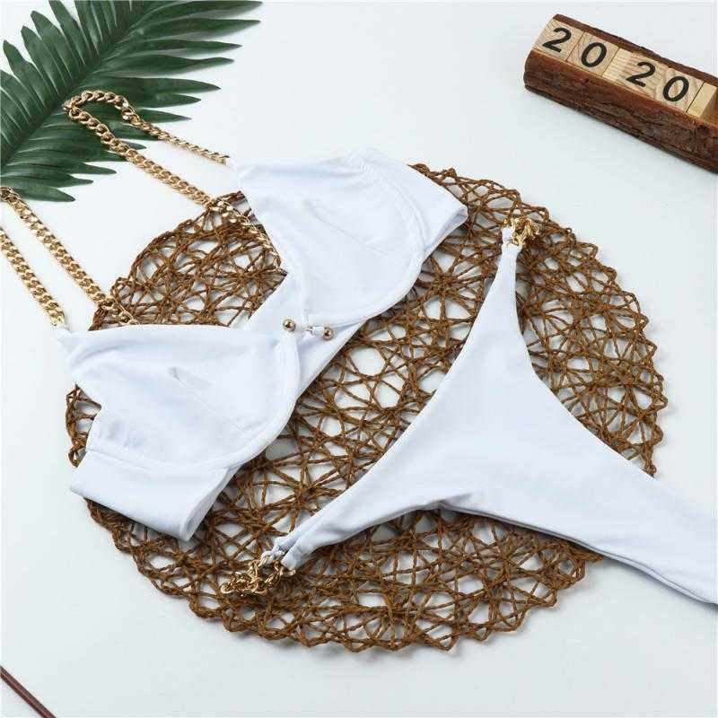 Colysmo Underwire Micro Bikini Set Sexy Swimsuit Women Chic Metal Chain Brazilian Biquini Black Swimming Suit For 210527