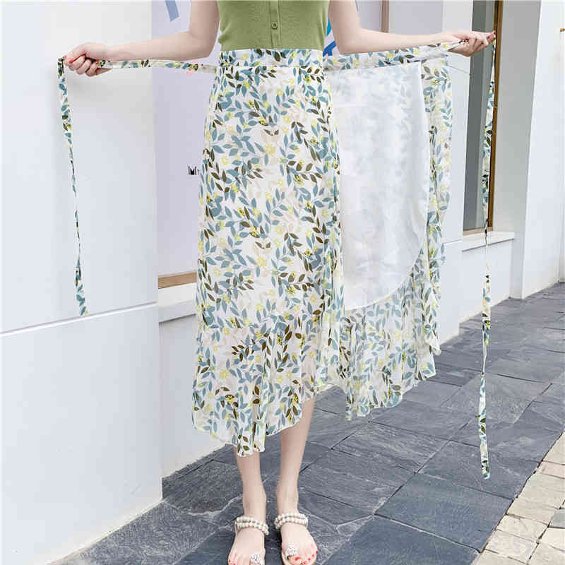 Summer Chiffon Skirt Women Lace-up Lotus Leaf Beach s Irregular Fishtail Floral Midi s Jupe Femme 10232 210518