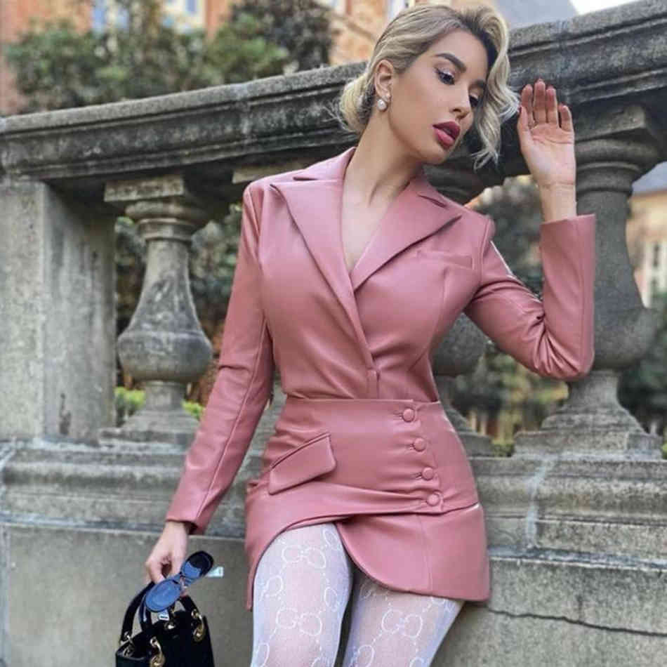 Free Autumn Women's PU Dress Two-piece Sexy Lapel Long Sleeve Girdle Irregular Bodycon Party Vestidos 210524