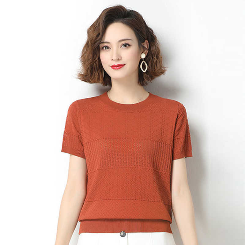 Summer Hollow Out Knit Short Sleeve T-Shirt Women Korean Casual Solid Colors Knitwear Tee Casual Round Neck Ice Silk pullovers 211014