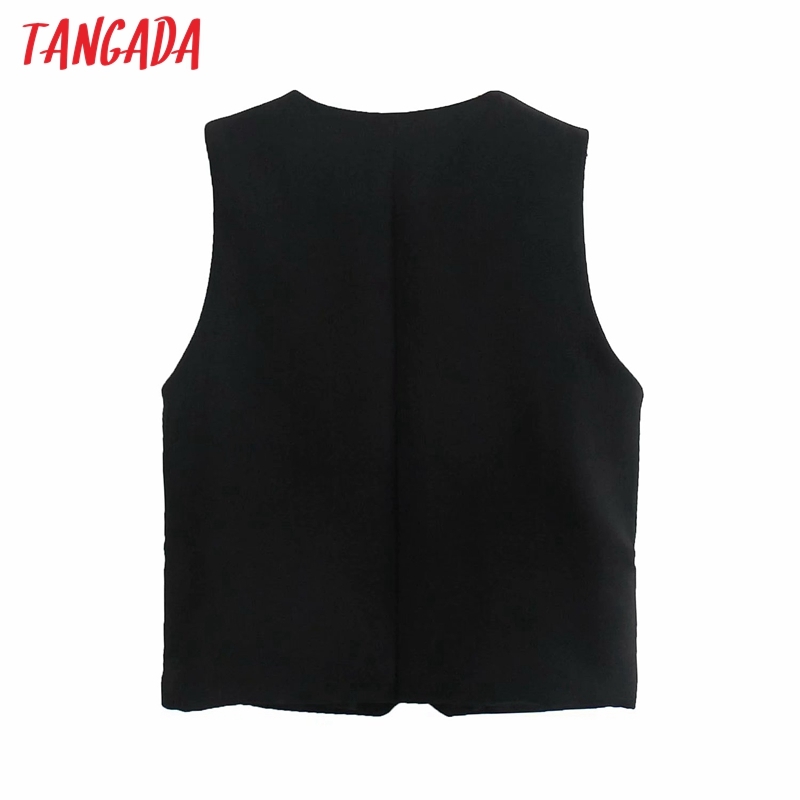Women Black Short Vest Jacket Office Ladies Wear Casual Suit Waistcoat Pockets Outwear Tops QD08 210416