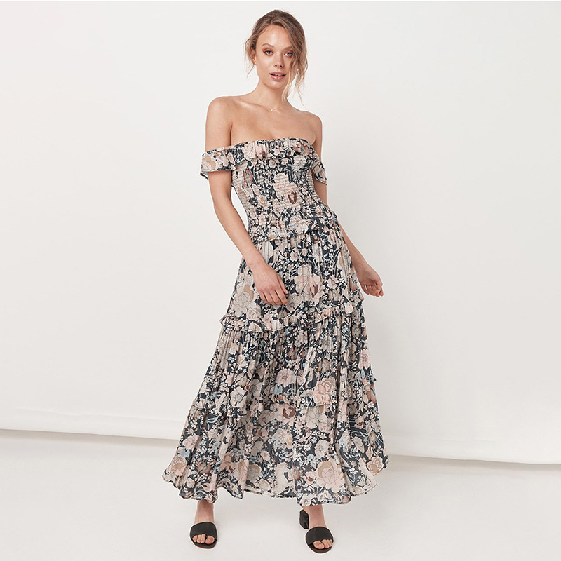 Women Dress Slash Neck Off Shoulder Bohemia es Sexy Long Print Floral Maxi Large Hem Plus Size es 210513