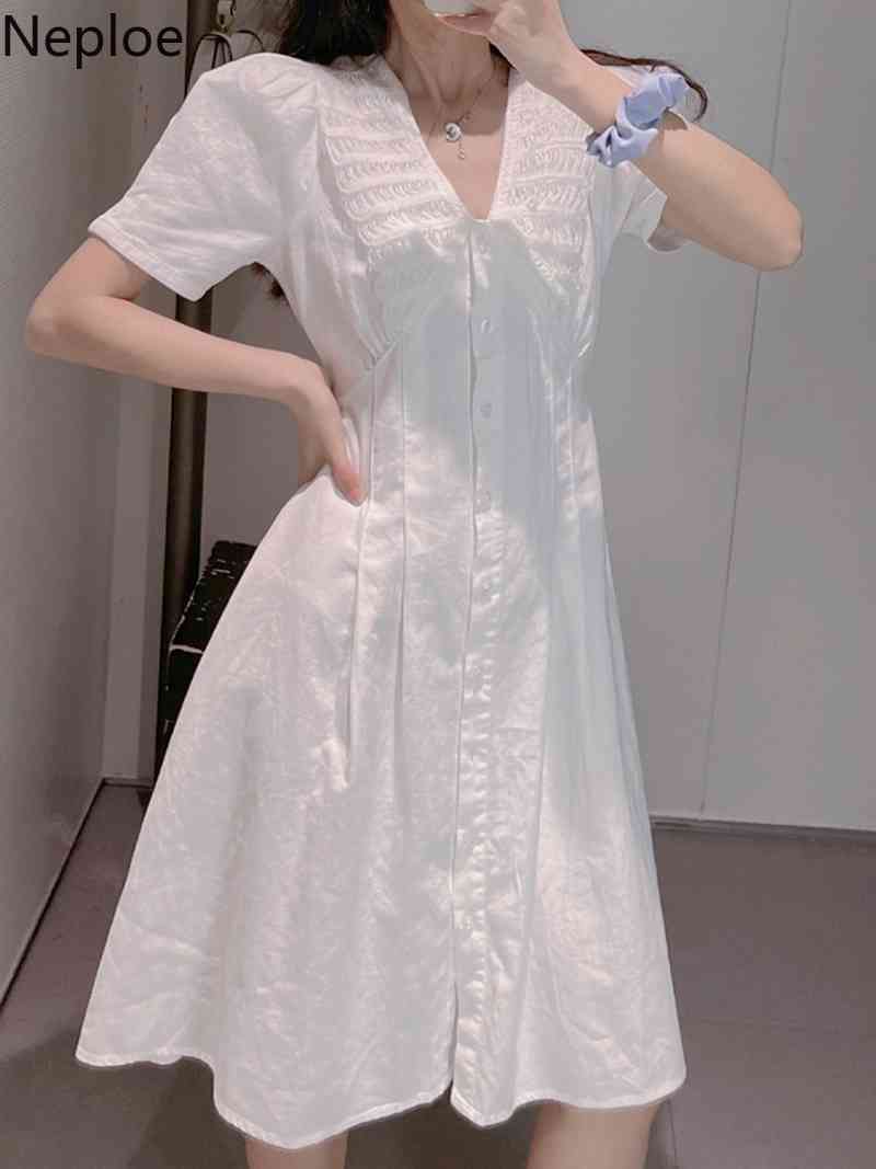 Neploe Woman Dress Puff Sleeve Peter Pan Collar White Vestidos Female Summer Robe Korean Fashion Sweet Elegant Dresses 95459 210422