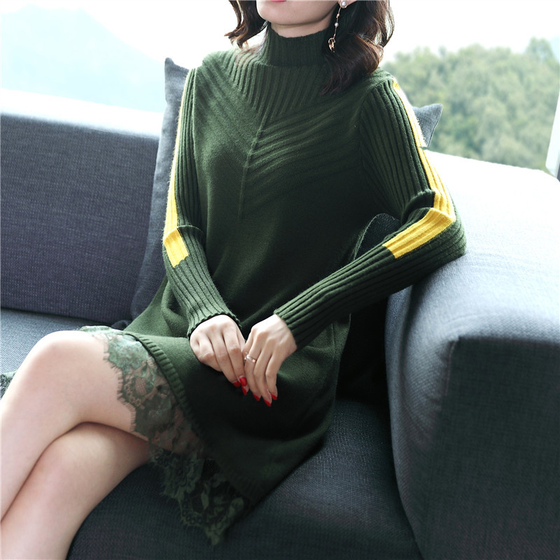Half-high Collar Mid-length Sweater Women's Pullover Autumn And Winter Korean Loose Lace Rimming 210427