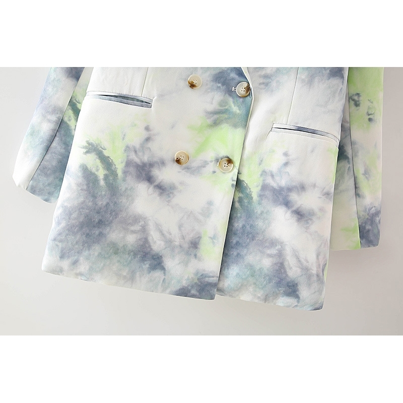elegant women tie-dye blazer office ladies grey print jackets casual female double breasted suits chic sets 210430