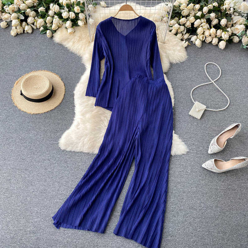 DEAT Women Pleated V-neck Top Long Pants Two Piece Set Fashion Temperament Spring Summer 11D1552 210709
