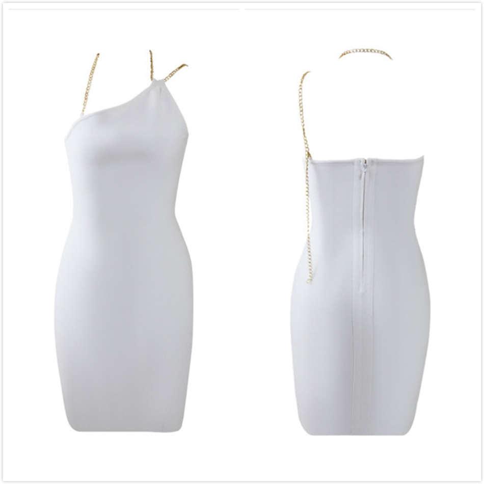 Free White Bandage Dress Women Chain Halter Sleeveless Bodycon Sexy Nightclub Mini Vestidos 210524