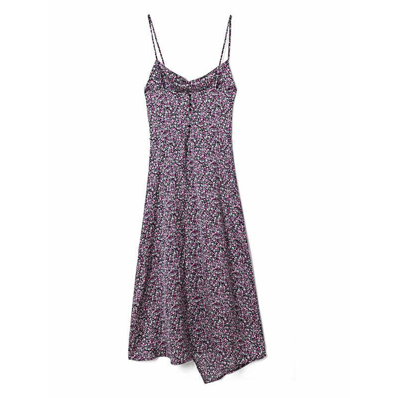 Sexy Women Floral Print Dress Fashion Ladies Asymmetric Strap Dresses Elegant Female Chic Button Side Slit Vestidos 210430