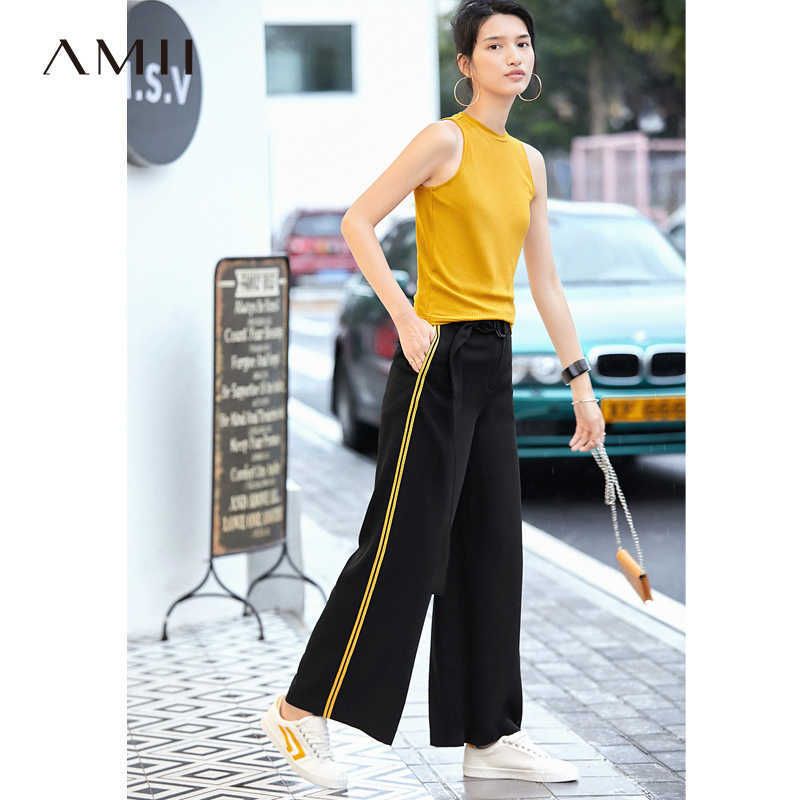 Minimalism Summer Fashion Side Stripe Wide Leg Pants Women Belt Loose Streetwear Female 11970204 210527