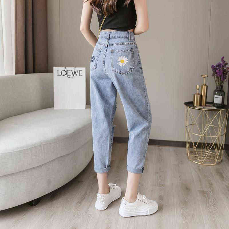 Embroidered daisy ripped jeans women loose cropped trousers summer thin high waist straight leg pants BF 211129