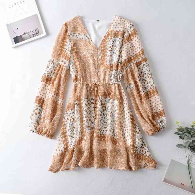 Foridol Floral Print Boho Spring Dress Women Long Sleeve Short Chiffon Khaki Button Dress Ladies Vintage Dress 210415