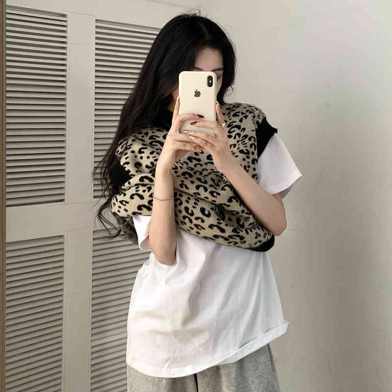 2 colors korean style small turtleneck leopard vest sweaters womens loose knitted sweaters and pullovers (C9870) 210423
