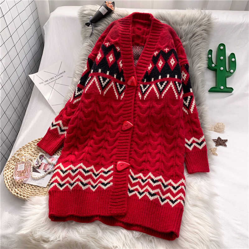 H.SA Winter Long Sweater Cardigans V Neck Button Up Casual Knitting Long Coat Warm Thick Argyle Vintage Knitting Jacket 210716