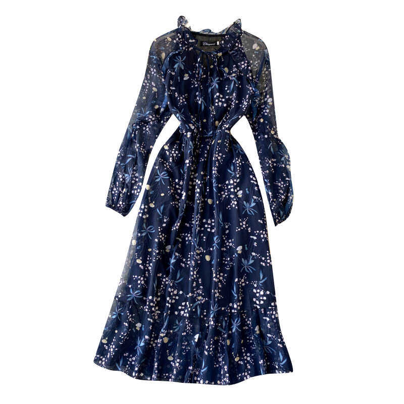 LY VAREY LIN Spring Elegant Puff Sleeve Ruffles Hem Lace Up O Neck Print Women Dresses High Waist Blue Ladies Party 210526
