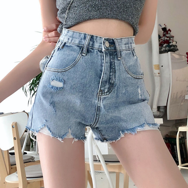Fashion women pants high waist jeans Hole Button Fly Shorts Straight Office Lady blue ripped for 3664 50 210510