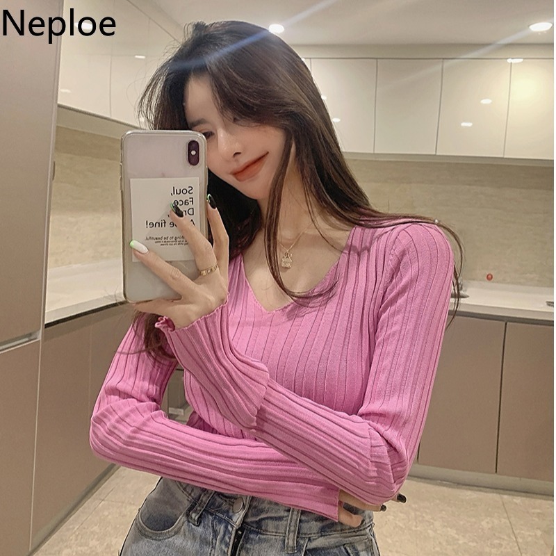 Neploe Knitted Pullovers Long Sleeve V-neck Sweaters Women Korean Fashion Coat Tops Slim Fit Solid Color Sueter Mujer 94712 210422