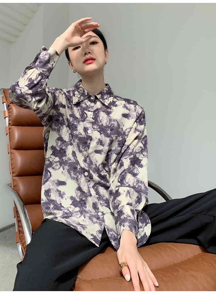 Vintage Purple Floral Print Long Sleeve Womens Tops And Blouses Button Up Collar Shirt Korean Fashion Clothing 210427