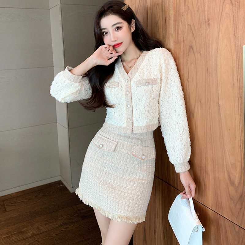Autumn Fashion Two piece Set Women Tweed patchwork Long Sleeve Crop Tops + Tassel Bodycon Mini Skirt Suits 210518