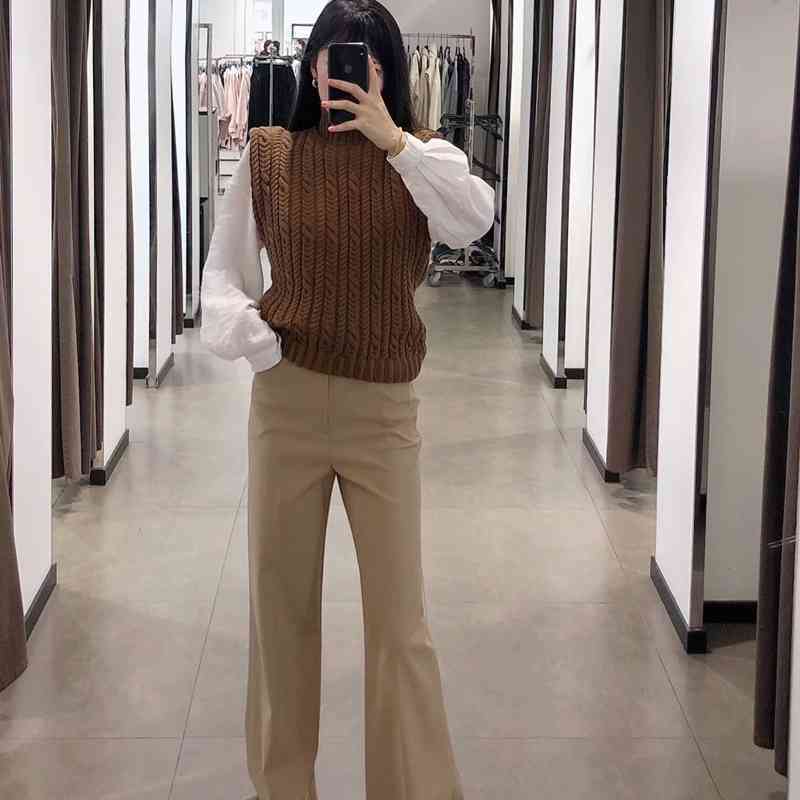 Sleeveless Sweater Women Autumn Casual Coffee Color Knitted Pullover Vest Elegant Turtleneck Sweaters Ladies Knitwear Chic Tops 210521