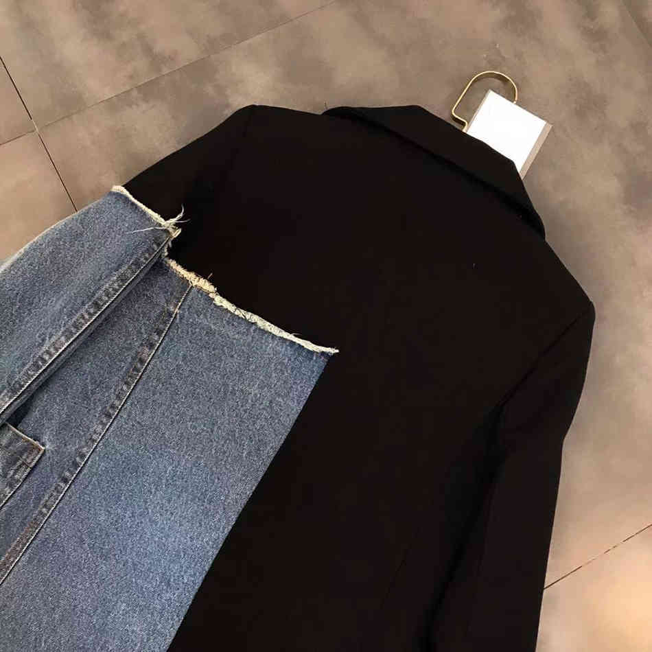 Free Women Vintage Fashion Blazer Denim Patchwork Jackets Irregular Coat Long Sleeve Loose Korean Outerwear 210524