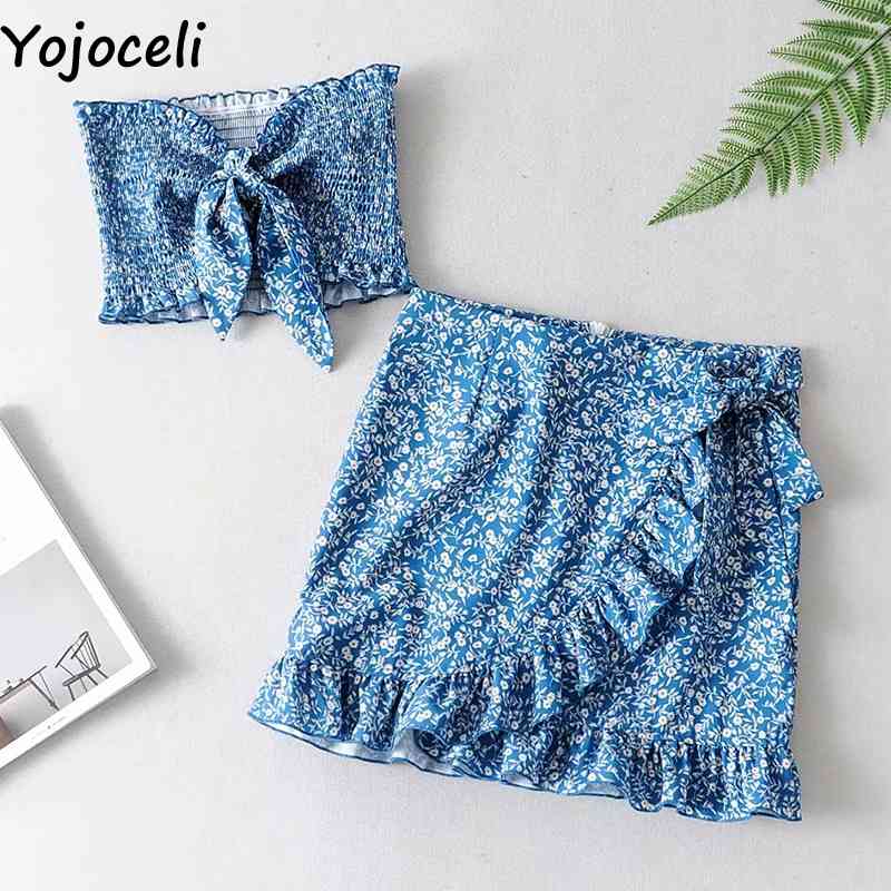 Yojoceli Sexy bow ruffle short dress women two piece set Summer elegant floral print beach dress Casual daily dress vestidos 210331