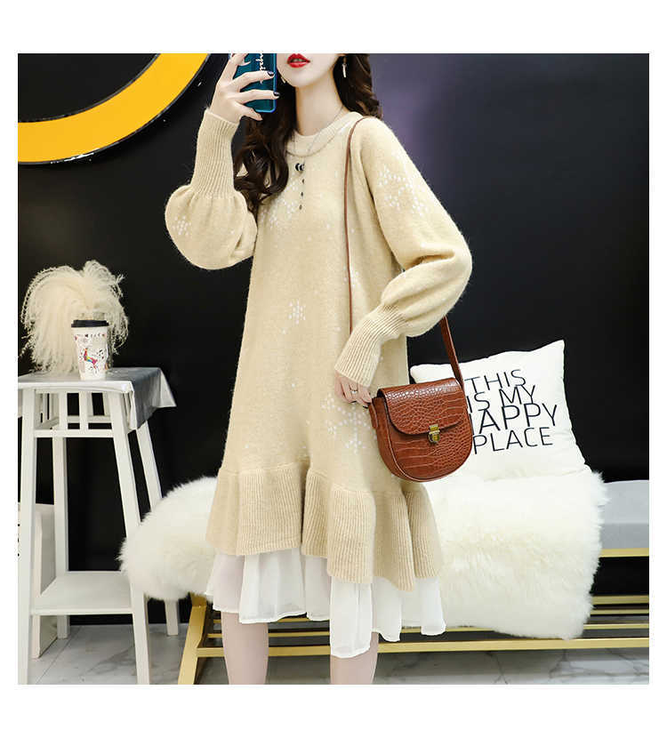 H.SA Women Long Sweater Dress Patchwork Ruffles Knit Sweaters Pullover Long Knit Jumpers Snowflake Knit Sweater Loose 210716