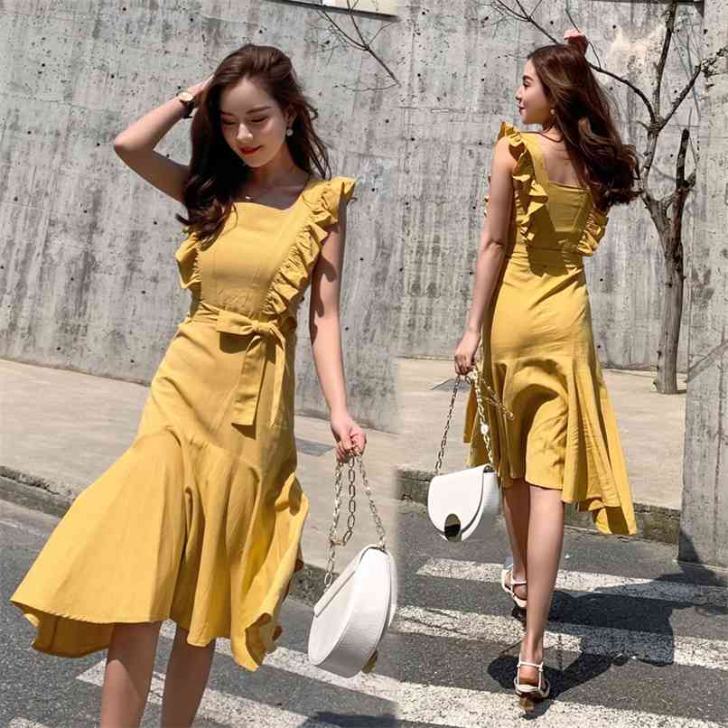 Office Ladies' Sexy Flouncy Dress Fashion Girls Lotus Leaf Sleeves Mermaid skirt Summer Temperament Slim Elegant Famale Dresses 210520, Yellow
Office Ladies' Sexy Flouncy Dress Fashion Girls Lotus Leaf Sleeves Mermaid skirt Summer Temperament Slim Elegant Famale Dresses 210520, Yellow